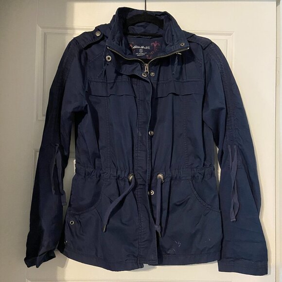 VTG Eddie Bauer Jacket Womens Small Navy Hooded Zip Snap Cotton Outdoors Pockets - Picture 1 of 4